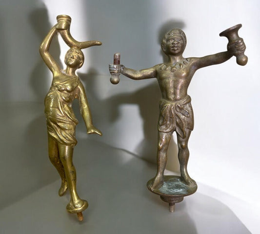 2 Antique Brass Figurines, Vintage Sculpture, African Victorian Art Deco Finial
