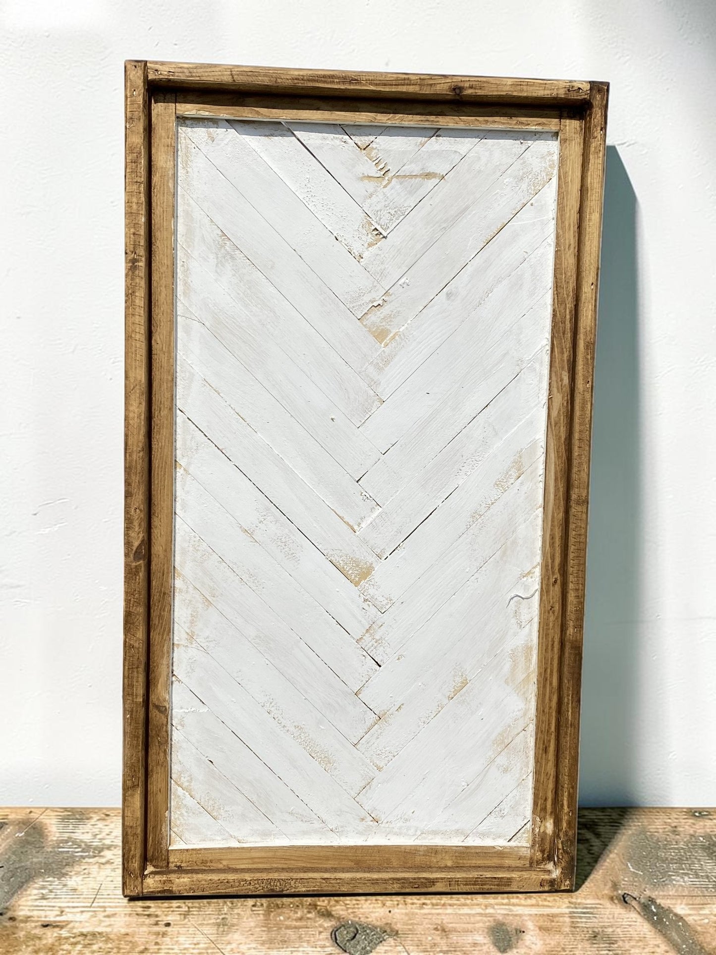 Farmhouse Herringbone Wall Art, Rustic Wood Wall Panel, Whitewashed Wooden Decor