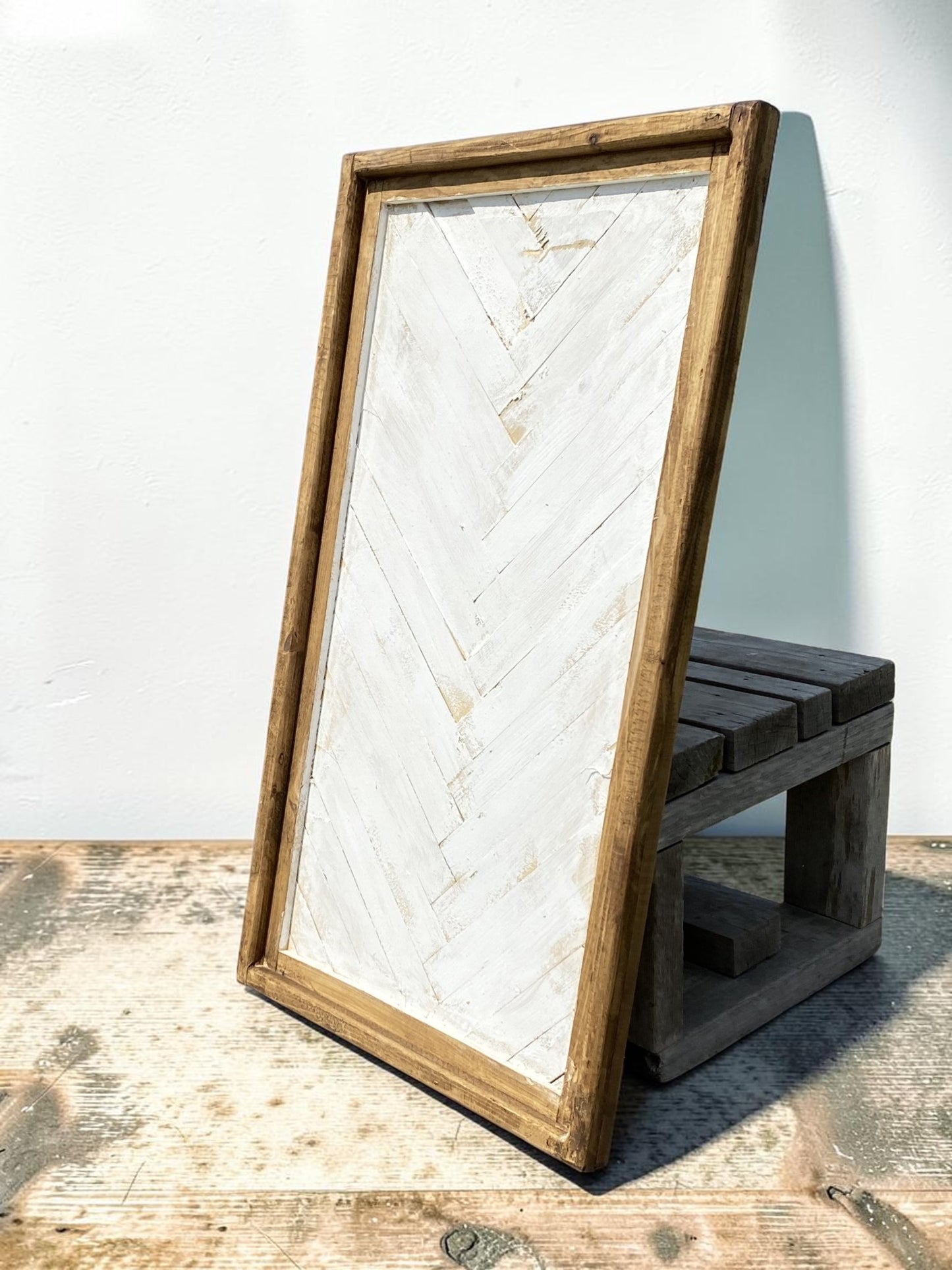 Farmhouse Herringbone Wall Art, Rustic Wood Wall Panel, Whitewashed Wooden Decor