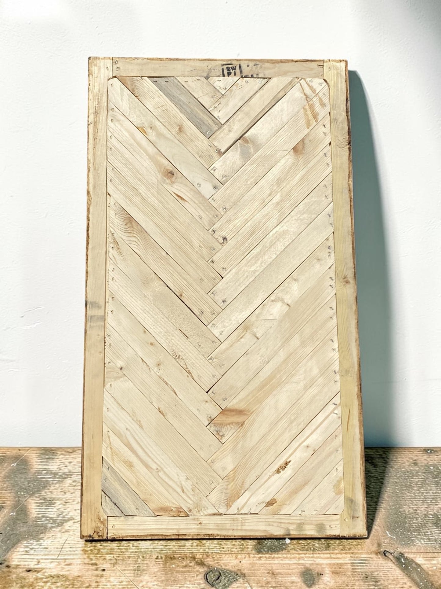 Farmhouse Herringbone Wall Art, Rustic Wood Wall Panel, Whitewashed Wooden Decor