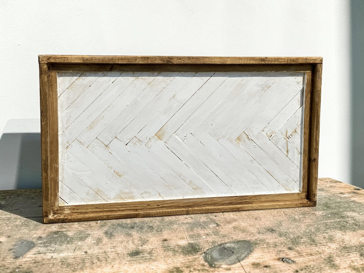 Farmhouse Herringbone Wall Art, Rustic Wood Wall Panel, Whitewashed Wooden Decor