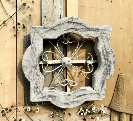 Windows - White Distressed Clover Wood Rustic Metal Scroll, Farmhouse Accent Cottage Decor by The Old Grainery (cathedral...