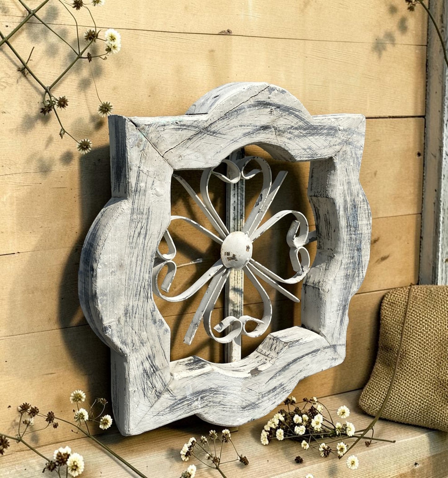 Windows - White Distressed Clover Wood Rustic Metal Scroll, Farmhouse Accent Cottage Decor by The Old Grainery (cathedral...