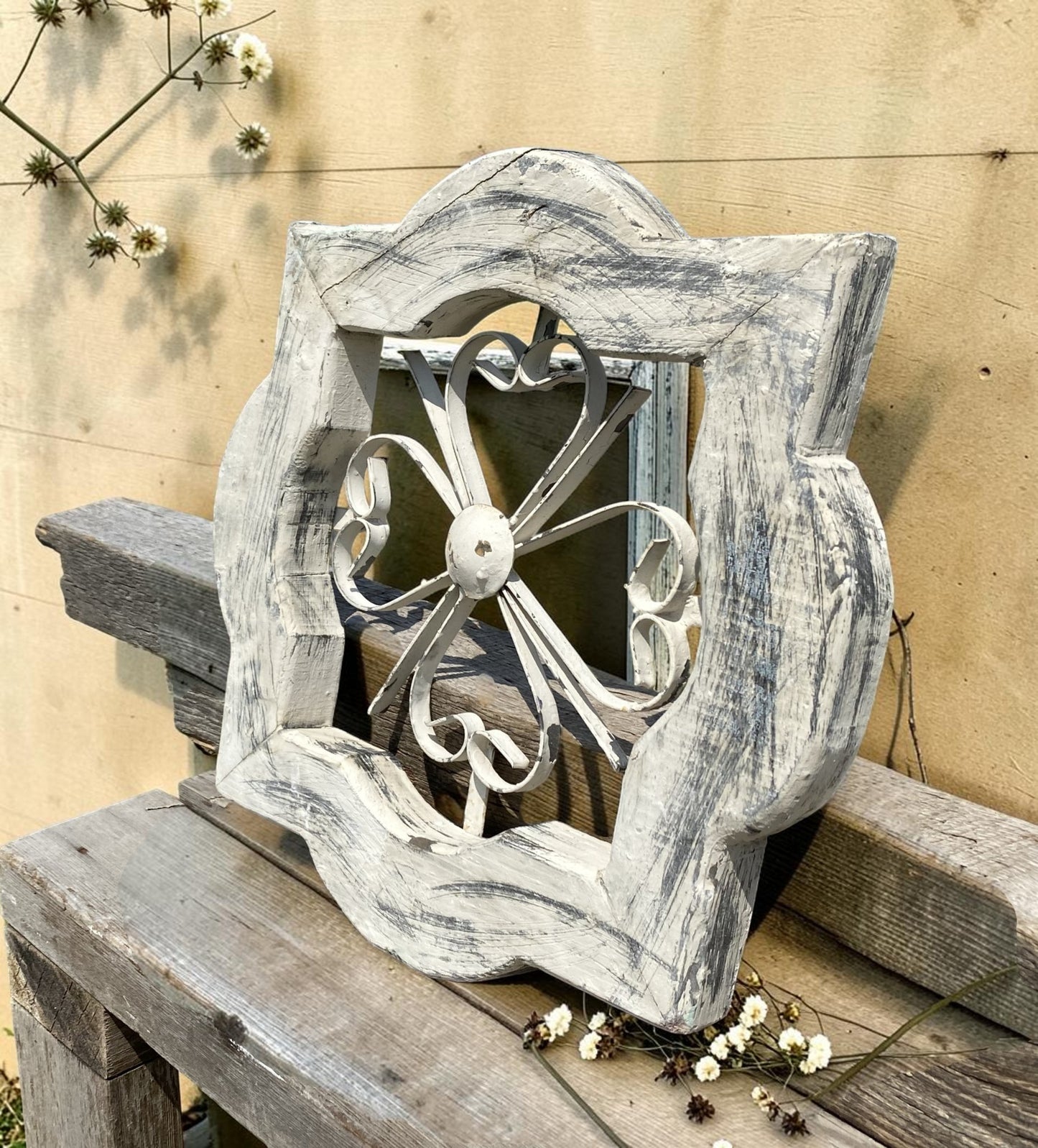 Windows - White Distressed Clover Wood Rustic Metal Scroll, Farmhouse Accent Cottage Decor by The Old Grainery (cathedral...