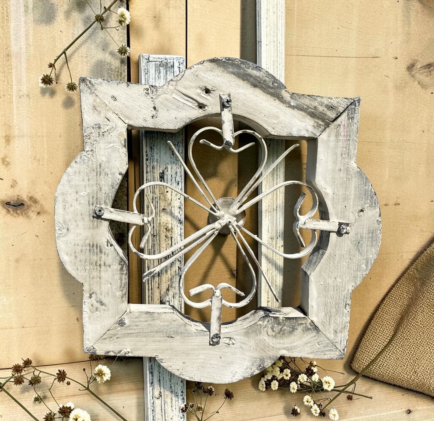 Windows - White Distressed Clover Wood Rustic Metal Scroll, Farmhouse Accent Cottage Decor by The Old Grainery (cathedral...