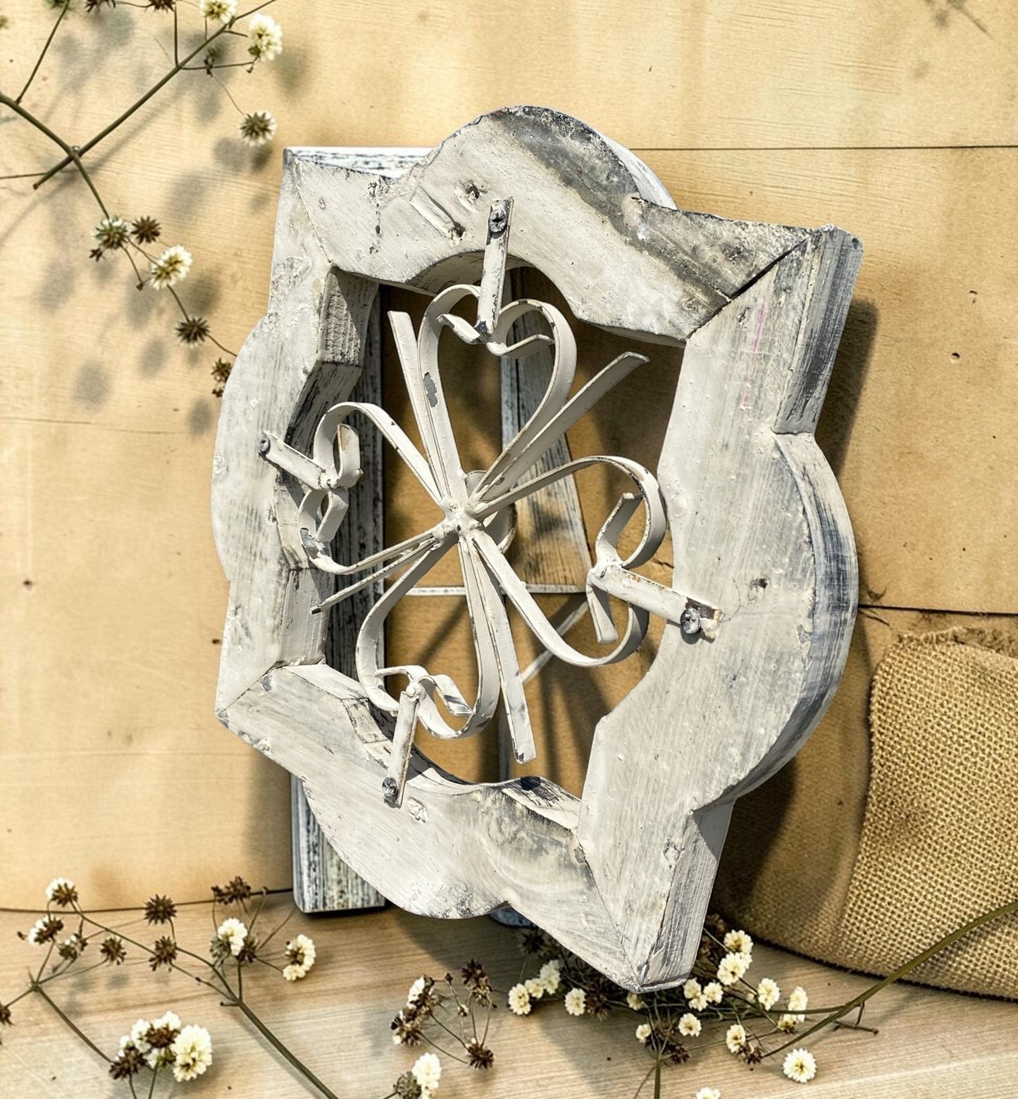 Windows - White Distressed Clover Wood Rustic Metal Scroll, Farmhouse Accent Cottage Decor by The Old Grainery (cathedral...