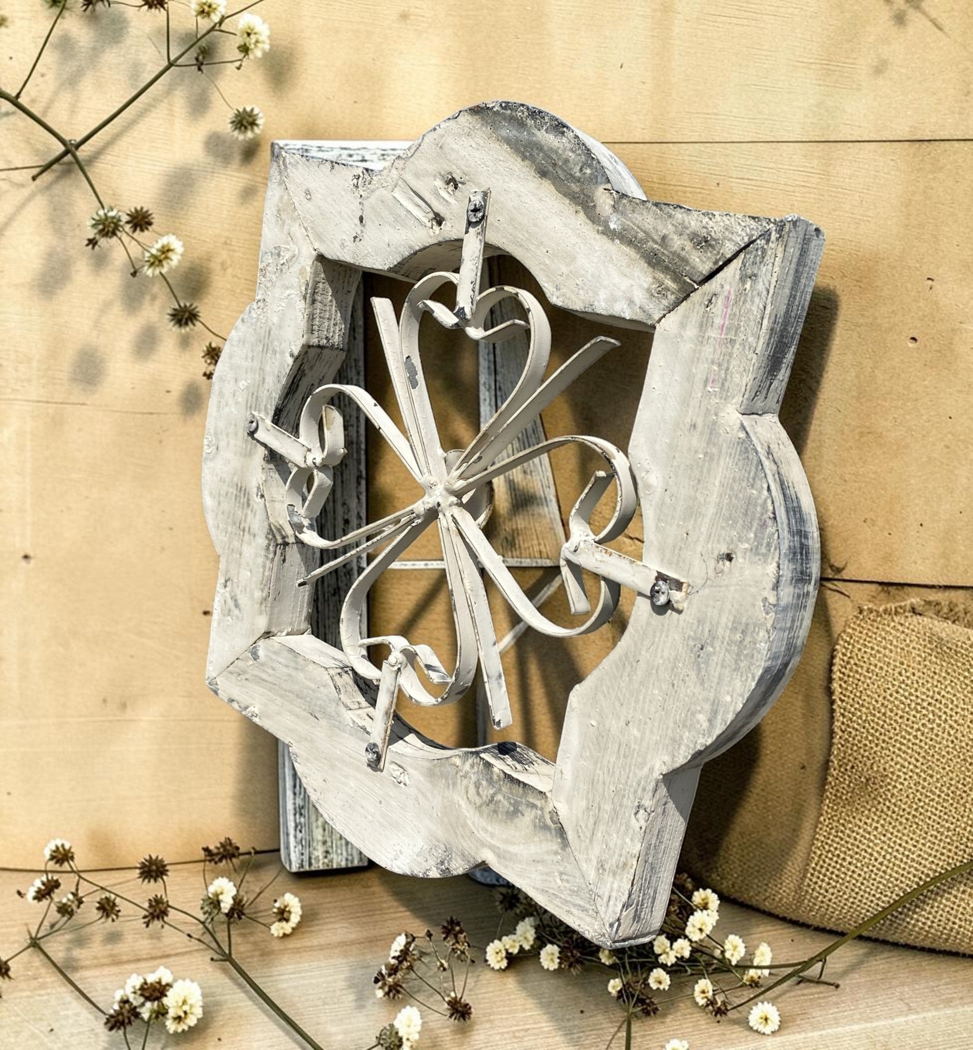 Windows - White Distressed Clover Wood Rustic Metal Scroll, Farmhouse Accent Cottage Decor by The Old Grainery (cathedral...