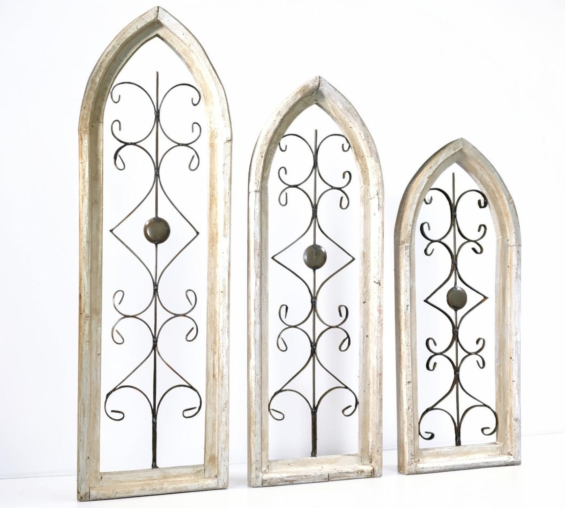 Windows - Set 3 Gothic Arch Window Frame, Vintage Styled Décor, Rustic Metal Scroll by The Old Grainery (3 piece, decorati...