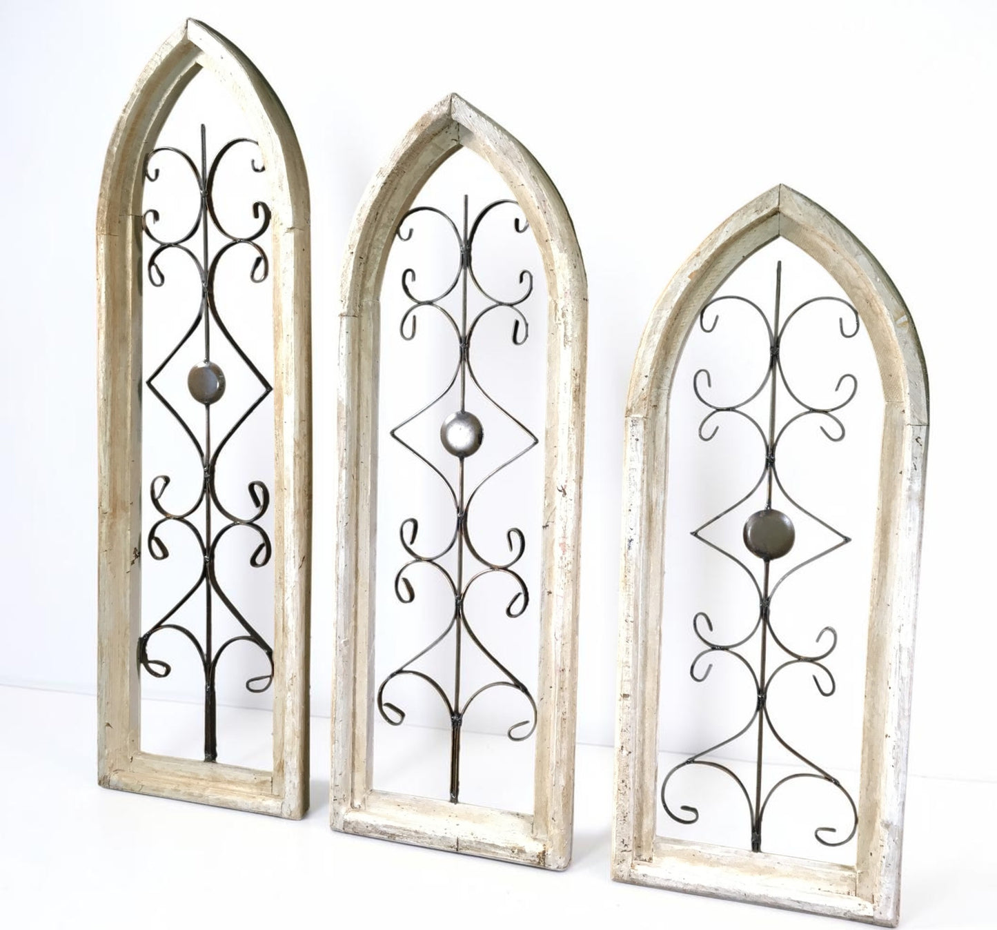Windows - Set 3 Gothic Arch Window Frame, Vintage Styled Décor, Rustic Metal Scroll by The Old Grainery (3 piece, decorati...