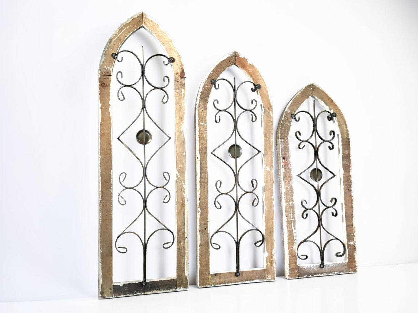 Windows - Set 3 Gothic Arch Window Frame, Vintage Styled Décor, Rustic Metal Scroll by The Old Grainery (3 piece, decorati...