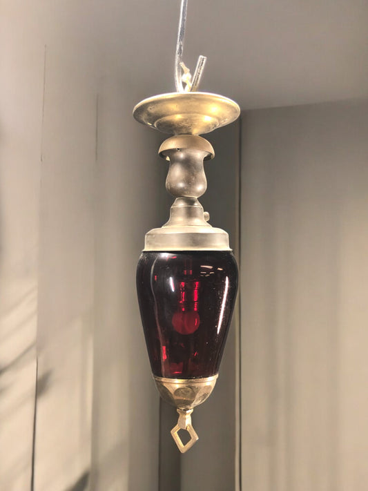 Light - Mid-Century Brass & Ruby Red Swag Light, 17" Art Deco Vintage Ceiling Fixture by The Old Grainery (glass lamp shad...