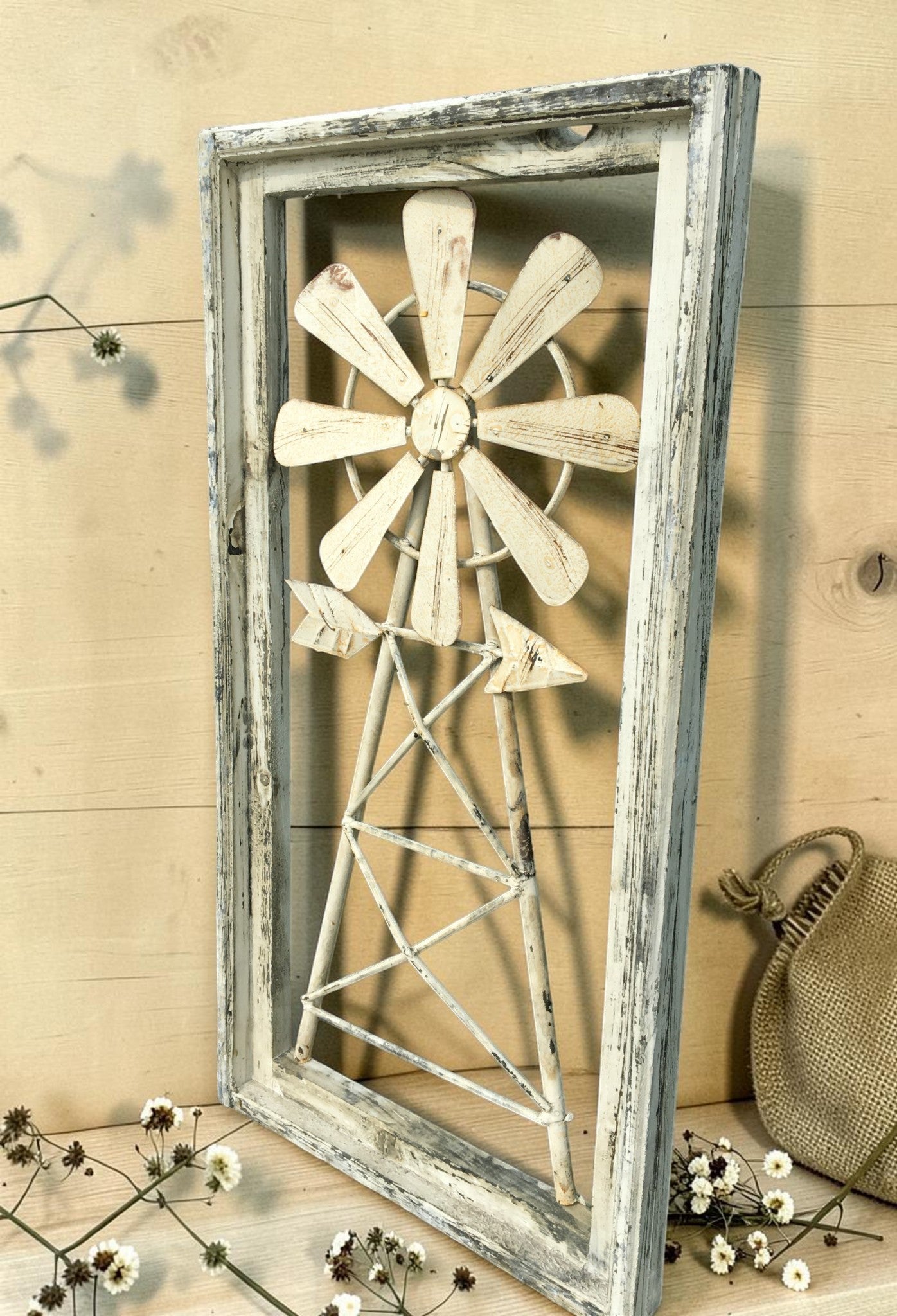 Rustic Windmill Wall Decor, Farmhouse Window Frame, Country Cottage Accent, B