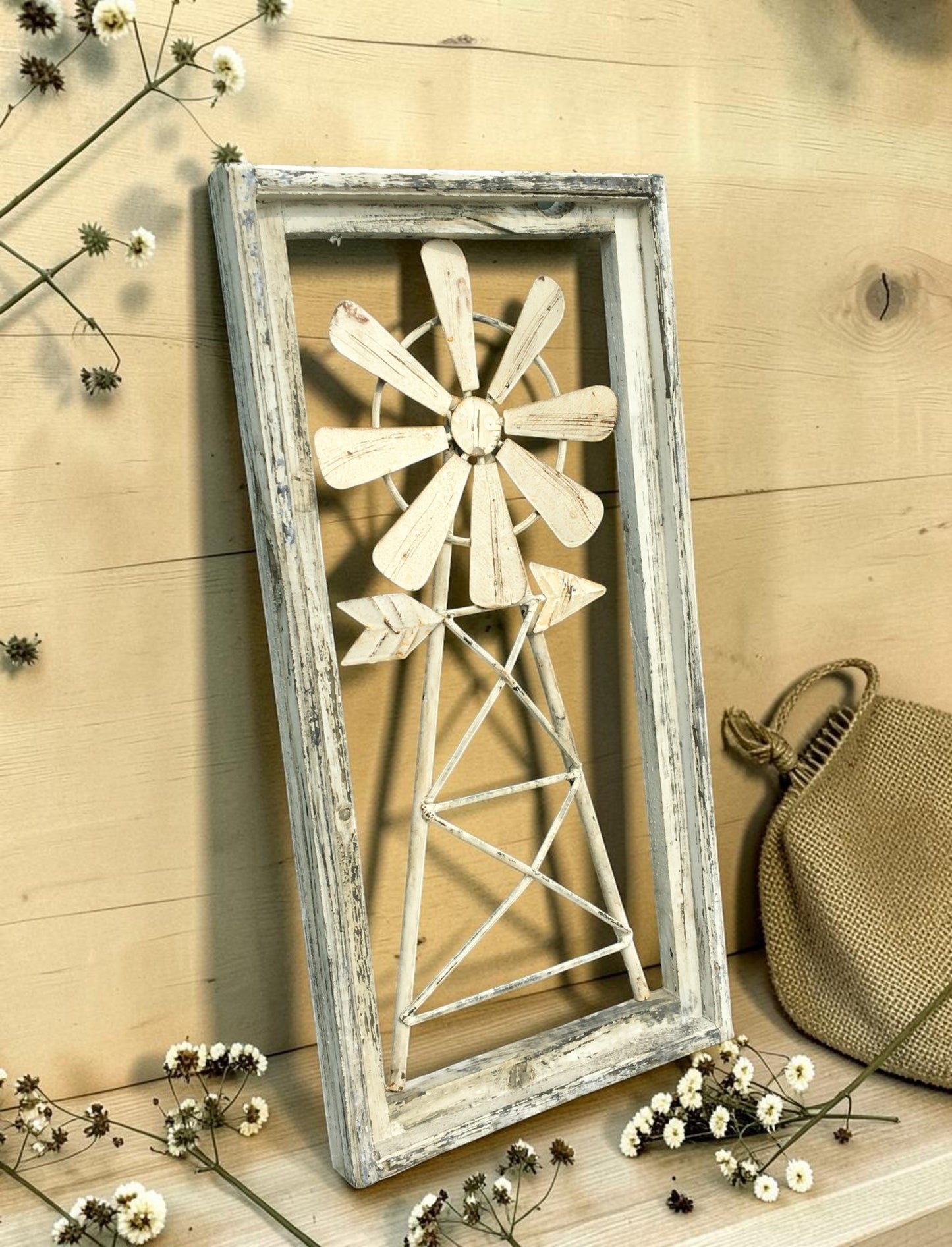 Rustic Windmill Wall Decor, Farmhouse Window Frame, Country Cottage Accent, B
