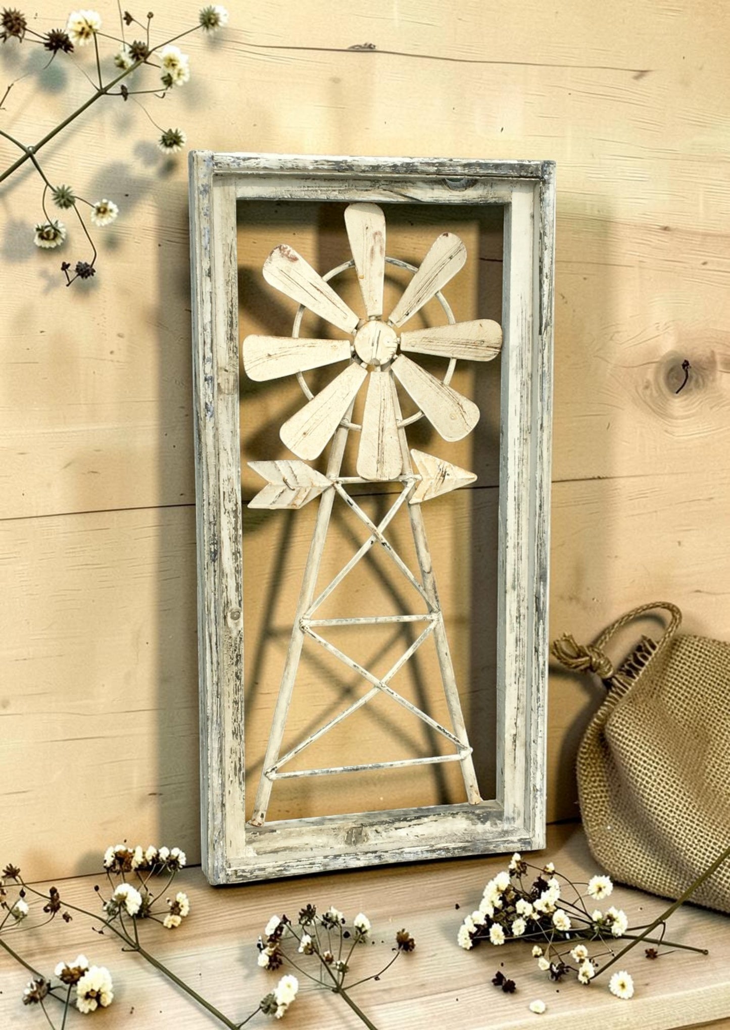 Rustic Windmill Wall Decor, Farmhouse Window Frame, Country Cottage Accent, B