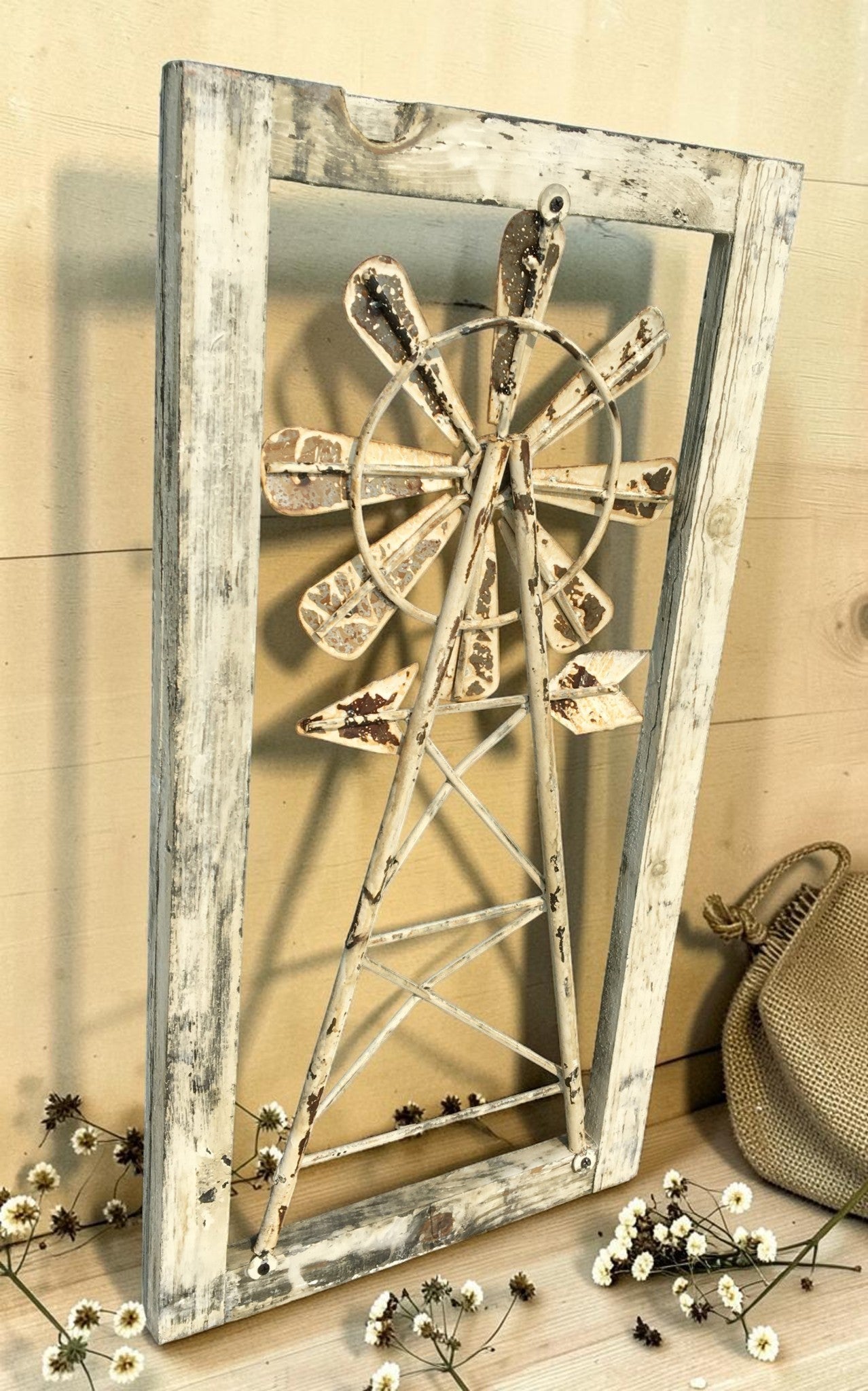 Rustic Windmill Wall Decor, Farmhouse Window Frame, Country Cottage Accent, B