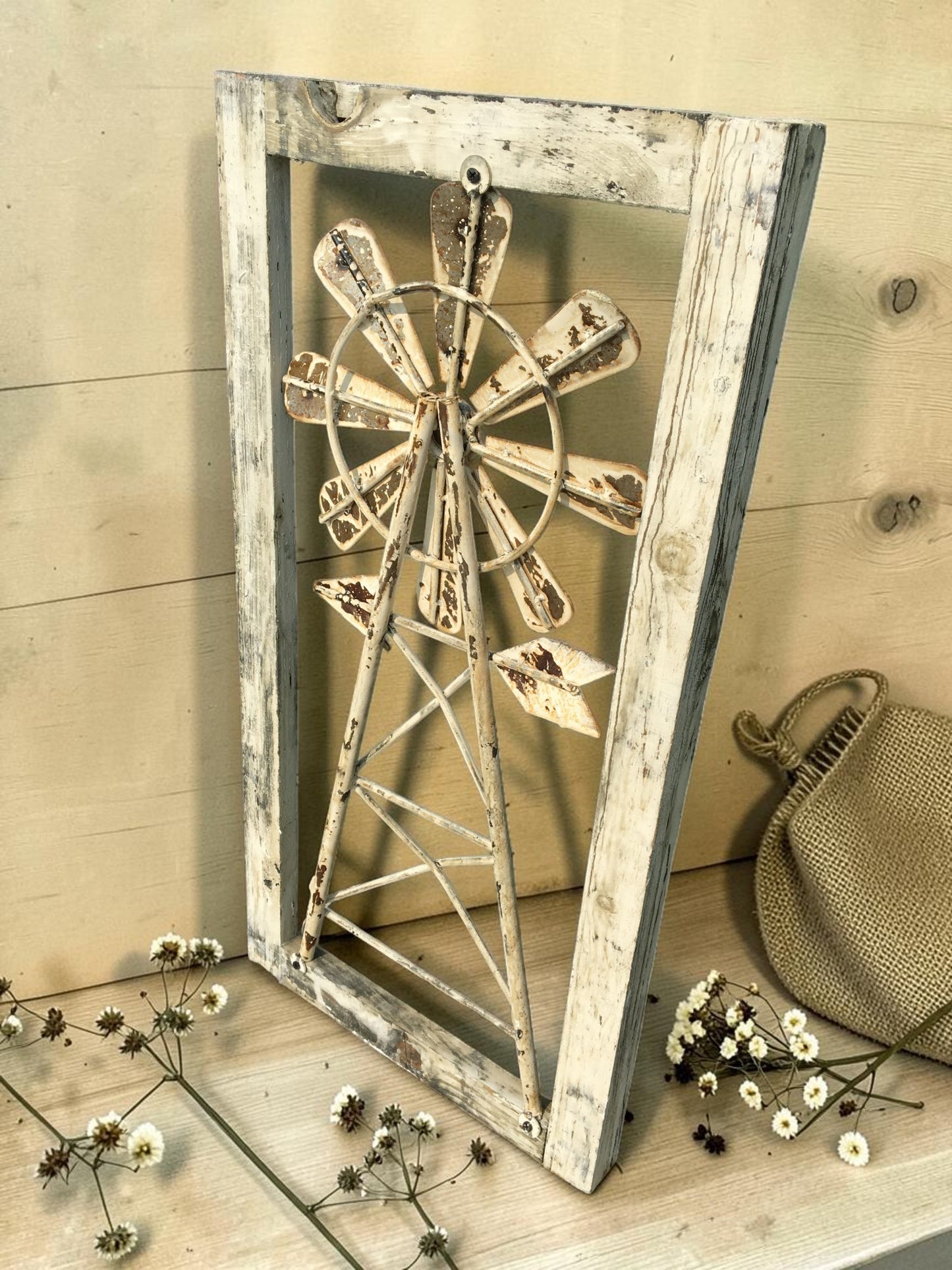 Rustic Windmill Wall Decor, Farmhouse Window Frame, Country Cottage Accent, B