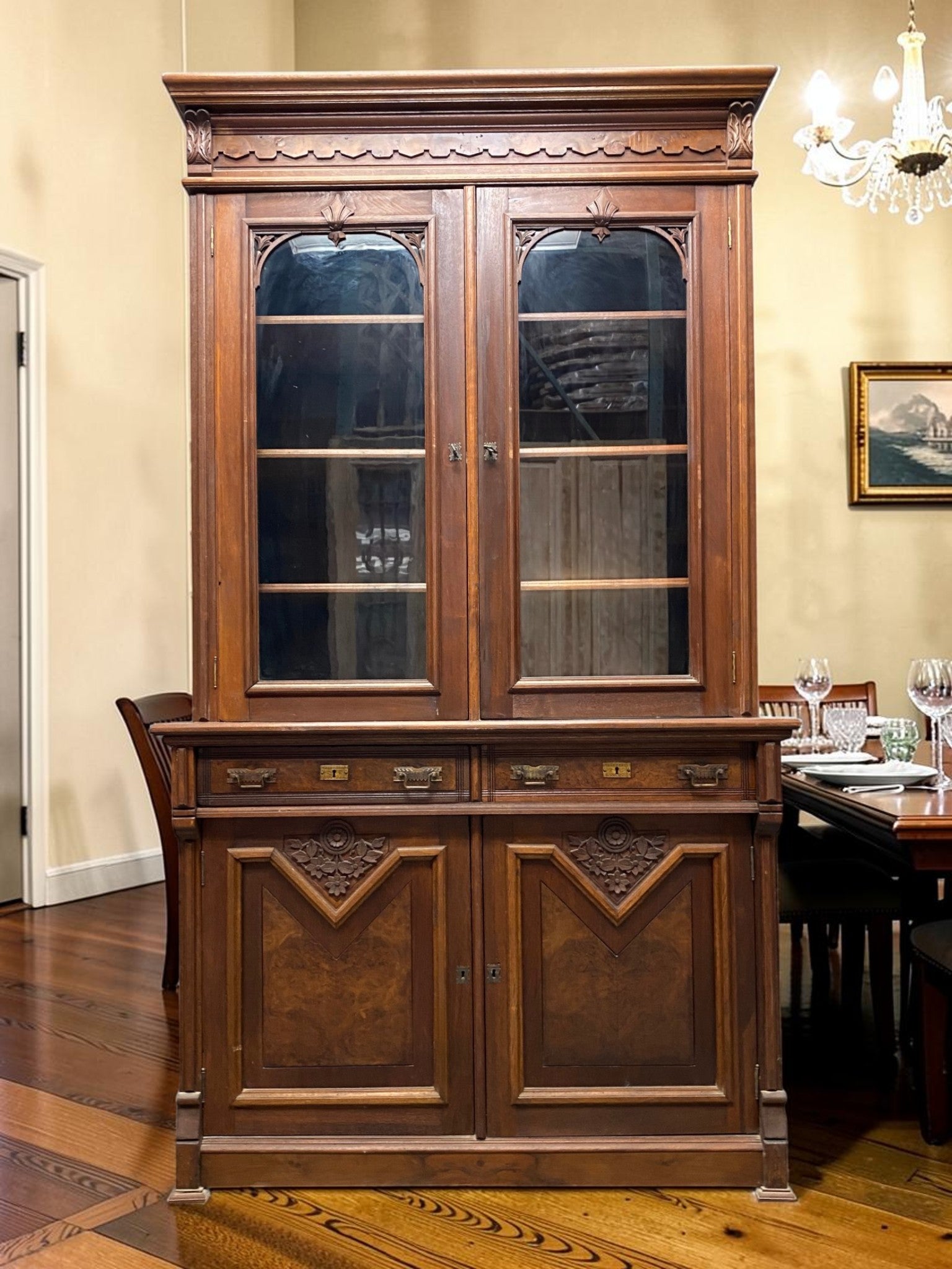 Vintage Cabinet - Victorian Walnut Bookcase Cabinet, Glass Door Cupboard, Burl Wood Display, Hutch by The Old Grainery (bu...