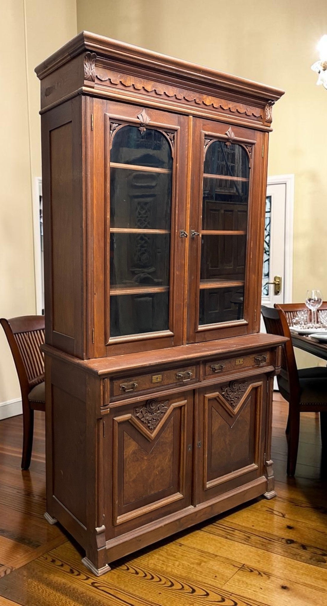 Vintage Cabinet - Victorian Walnut Bookcase Cabinet, Glass Door Cupboard, Burl Wood Display, Hutch by The Old Grainery (bu...