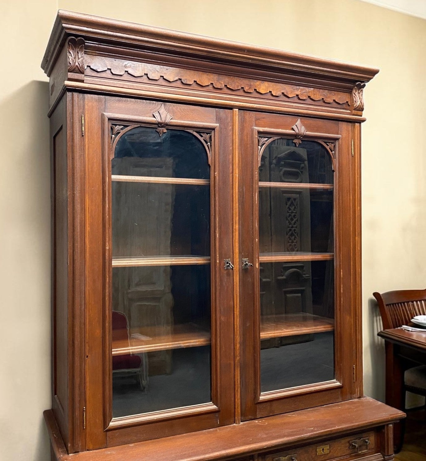 Vintage Cabinet - Victorian Walnut Bookcase Cabinet, Glass Door Cupboard, Burl Wood Display, Hutch by The Old Grainery (bu...
