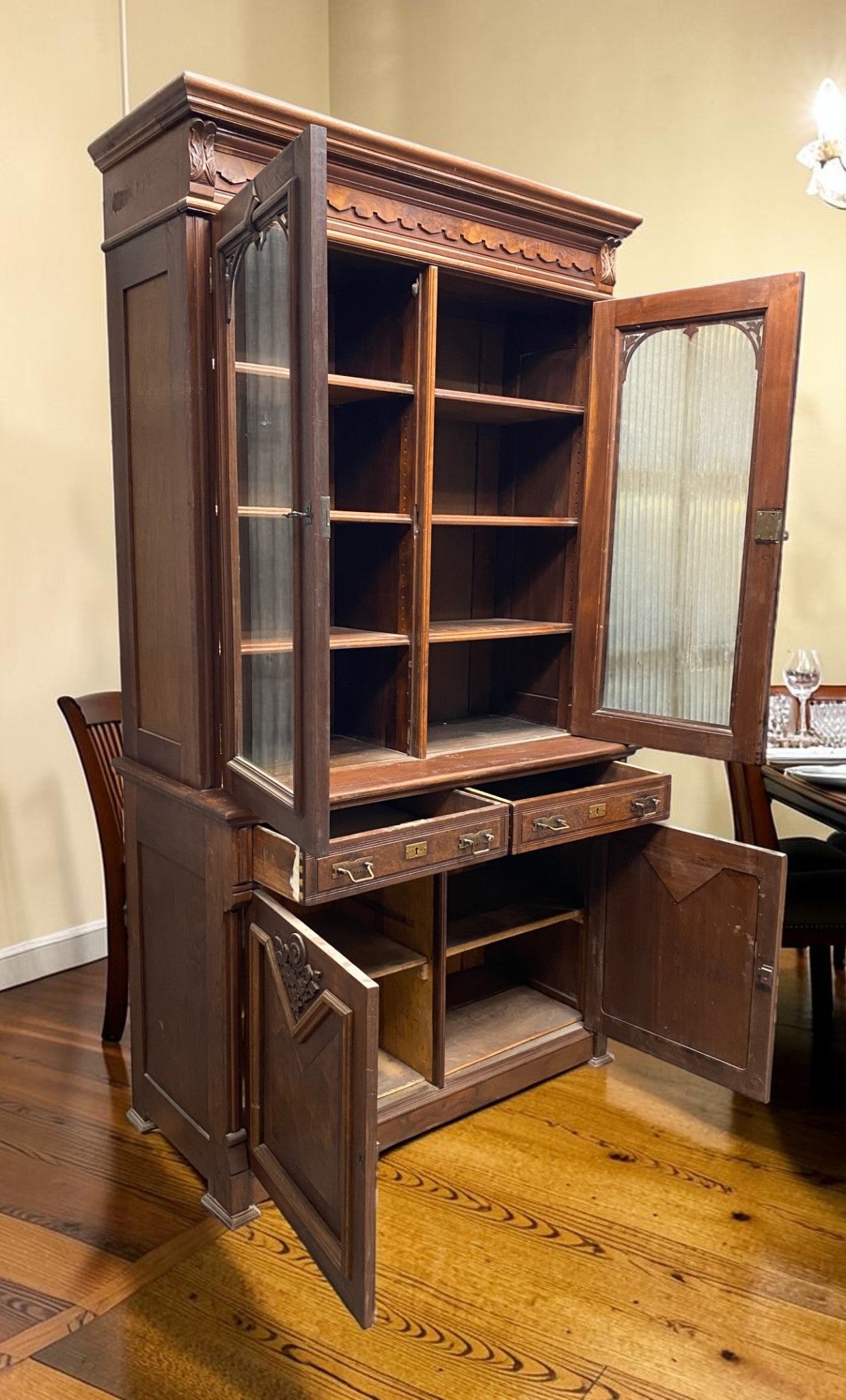 Vintage Cabinet - Victorian Walnut Bookcase Cabinet, Glass Door Cupboard, Burl Wood Display, Hutch by The Old Grainery (bu...