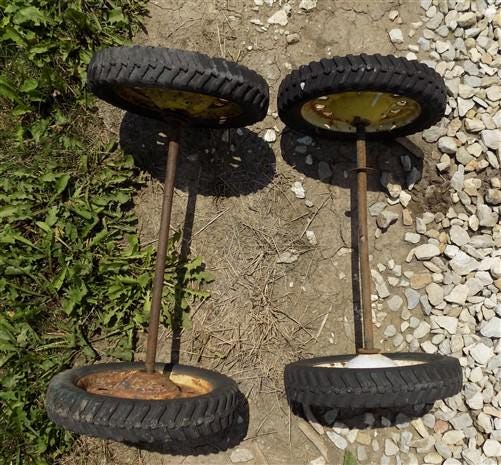Toys & Games > Toys > Push & Pull Toys > Wagons - 4 Vintage Metal Baby Buggy Wheels Pedal Car Garden Cart Pumpkin Wagon A5...