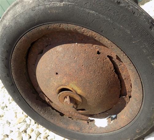 Toys & Games > Toys > Push & Pull Toys > Wagons - 4 Vintage Metal Baby Buggy Wheels Pedal Car Garden Cart Pumpkin Wagon A5...