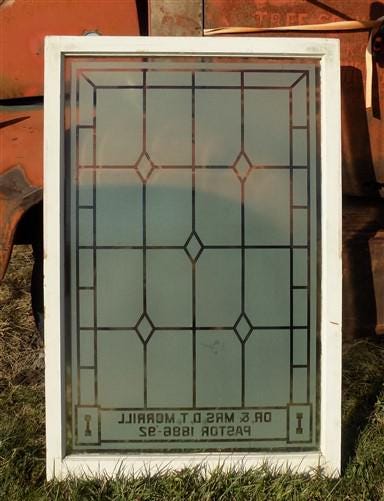 Etched Frosted Clear Glass Vintage Church Window, Architectural Art Glass, D