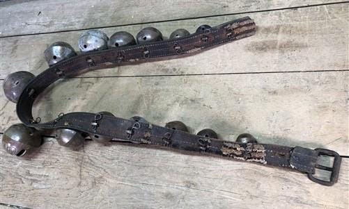 Home & Living > Home Decor > Home Accents > Bells - 15 Sleigh Bells Horse Rein Leather Strap, Christmas Winter Brass Jingl...
