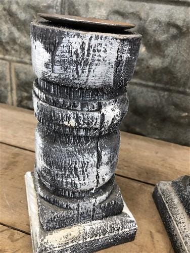 Home & Living > Home Decor > Home Accents - Pair Gray Wooden Pillar 10.5" Candlestick Holders, Decor, Table Centerpiece, A...