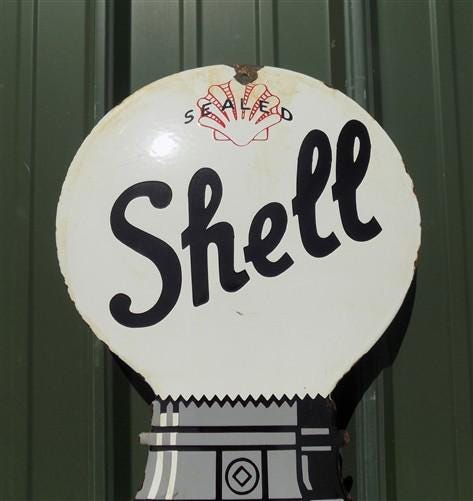 Shell Sealed Pump Sign, Shell Porcelain Metal Advertising, Gas Station Oil E