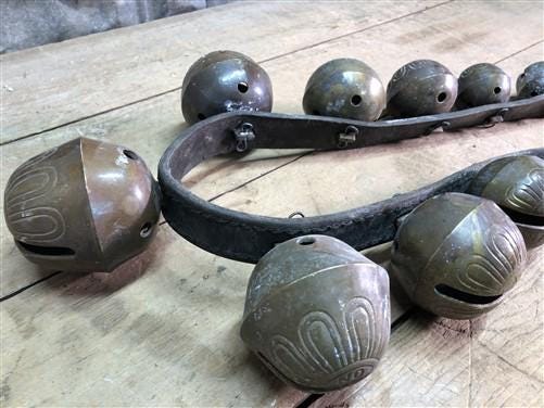Home & Living > Home Decor > Home Accents > Bells - 17 Sleigh Bells Horse Rein Leather Strap, Christmas Winter Brass Jingl...