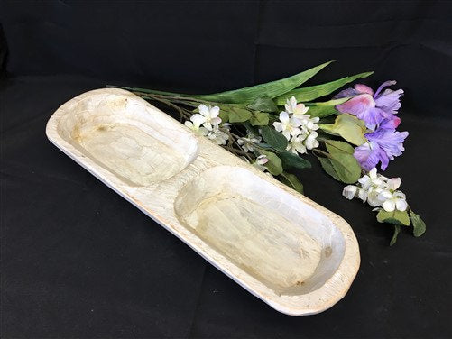 2 Bowl Tray, Rustic Carved Wood Dough Bowl Trencher, Divided Centerpiece F