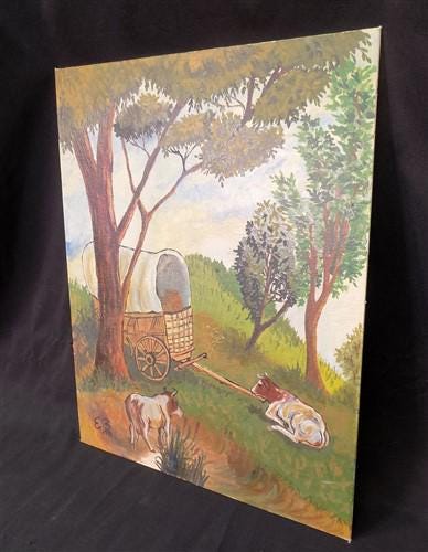 Art & Collectibles > Painting > Oil - 1975 EB American Folk Art Painting on Canvas, Covered Wagon Cattle Original Art by T...