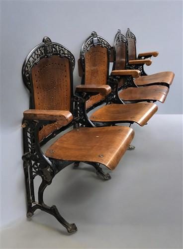 4 Wood Iron Folding Theater Seats, Auditorium Seats, Entryway Bench, D15