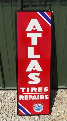 Atlas Tires Repairs Sign, Atlas Porcelain Metal Advertising, Standard Oil Sign A