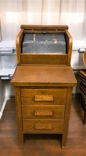 Home & Living > Furniture > Office Furniture > Filing Cabinets - Oak Roll Top Filing Cabinet with Register, Vintage McCask...