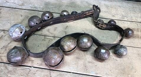 Home & Living > Home Decor > Home Accents > Bells - 15 Sleigh Bells Horse Rein Leather Strap, Christmas Winter Brass Jingl...