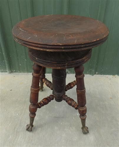 Swivel Wood Piano Organ Stool, Glass Claw Feet, Vintage Organ Bar Bench Old H