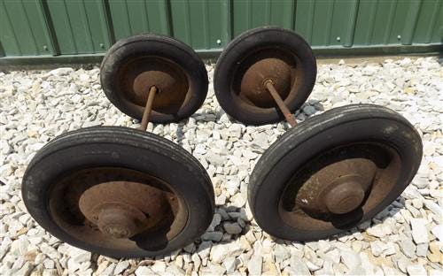 Toys & Games > Toys > Push & Pull Toys > Wagons - 4 Vintage Metal Baby Buggy Wheels Pedal Car Garden Cart Pumpkin Wagon A5...