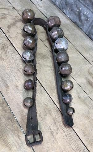 Home & Living > Home Decor > Home Accents > Bells - 15 Sleigh Bells Horse Rein Leather Strap, Christmas Winter Brass Jingl...