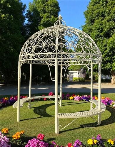Elegant Swirl Gazebo with Bench, Dome Roof, Metal Pergola, Outdoor Patio Arbor W