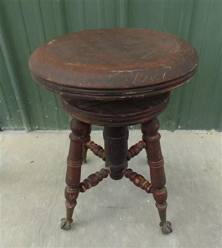 Swivel Wood Piano Organ Stool, Glass Claw Feet, Vintage Organ Bar Bench Old H