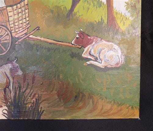 Art & Collectibles > Painting > Oil - 1975 EB American Folk Art Painting on Canvas, Covered Wagon Cattle Original Art by T...