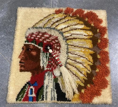 Native American Indian Chief Latch Hook Rug Wall Art, Vintage 1970s Retro Art