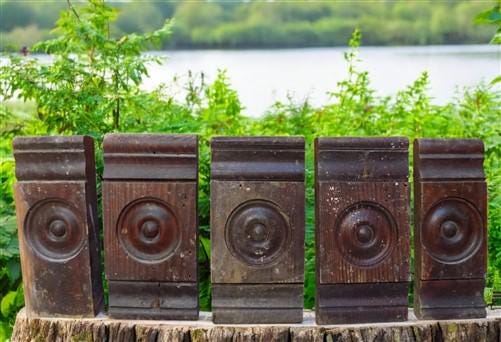 5 Plinth Blocks, Antique Bullseye Rosette, Architectural Salvage Wood Trim C88