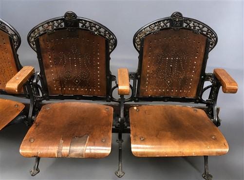 4 Wood Iron Folding Theater Seats, Auditorium Seats, Entryway Bench, D15