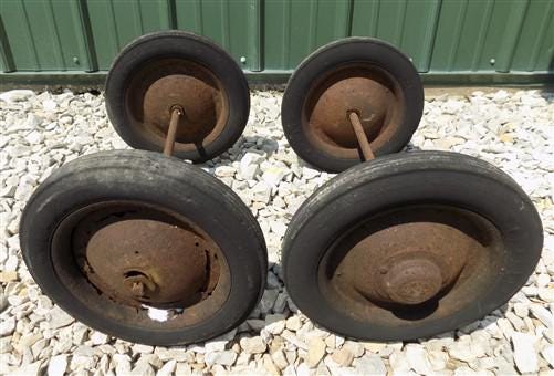 Toys & Games > Toys > Push & Pull Toys > Wagons - 4 Vintage Metal Baby Buggy Wheels Pedal Car Garden Cart Pumpkin Wagon A5...