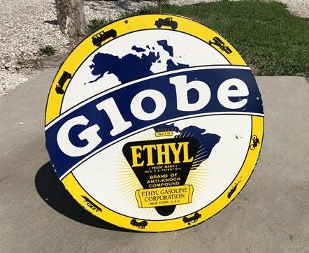Art & Collectibles > Collectibles > Advertisements - Globe with Ethyl Gasoline Sign, Metal Porcelain Advertising Sign, Gas...