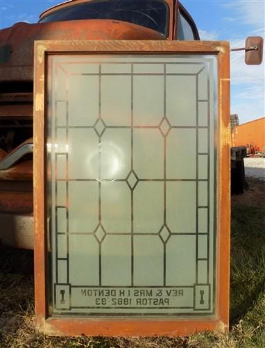 Etched Frosted Clear Glass Vintage Church Window, Architectural Art Glass, C