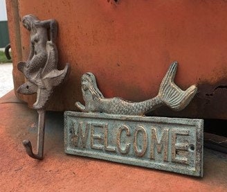 Home & Living > Home Decor > Wall Decor > Wall Hangings > Signs - Mermaid Decor, Decorative Welcome Sign, Cast Iron Mermai...